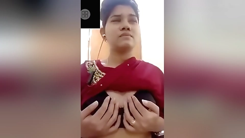 Brunette girl in amateur web cam shows her tits and boobs