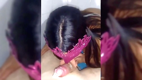 Brunette babe sucks his dick and does a hot blowjob