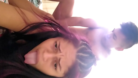 Indian babe plays with her black cock and creampied
