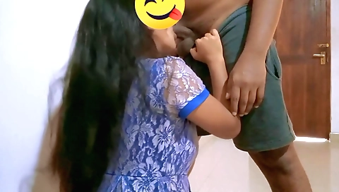 Busty brunette giving handjob to boyfriend in bedroom