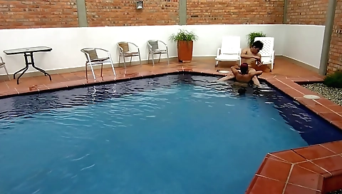 Indian babe in bikini enjoys with stepmom in the pool