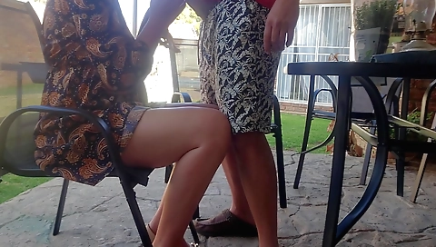 Busty milf is fucking neighbor's wife in outdoor video