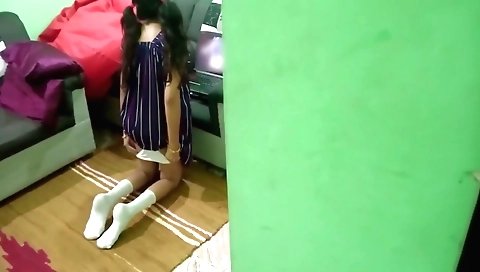 Stunning brunette step sister enjoys her own house